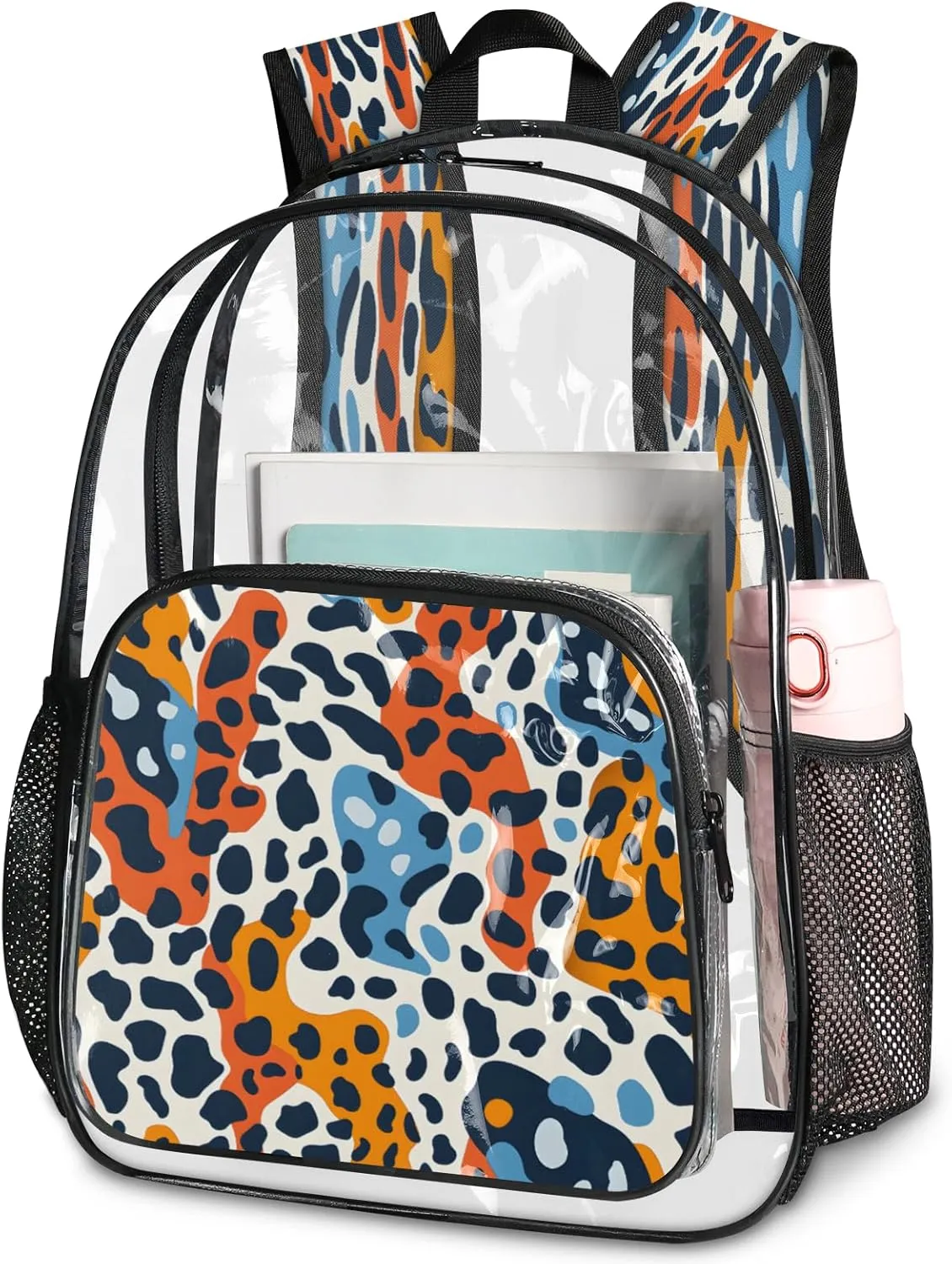 KOBLEN Modern Animal Print 14.2 Inch Clear Backpack, Heavy Duty Transparent PVC Daypack with Adjustable Padded Straps, Large Capacity Clear Bag for Festival, Concerts, Travel