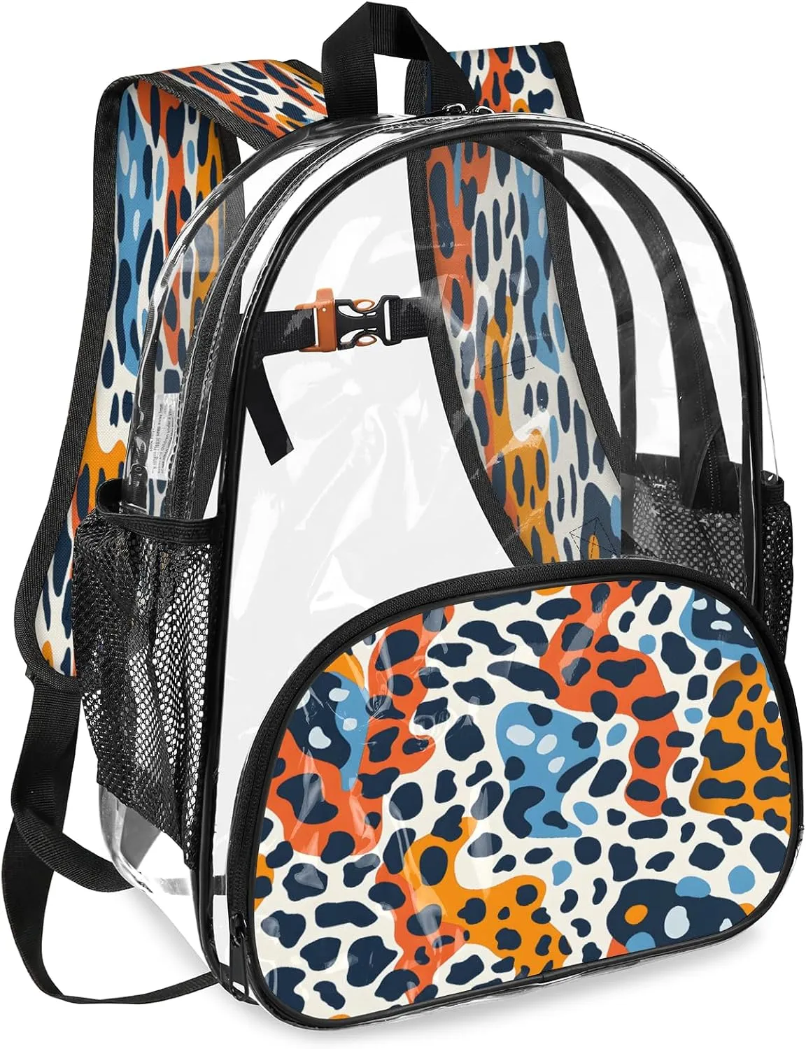 KOBLEN Modern Animal Print 14.2 Inch Clear Backpack, Heavy Duty Transparent PVC Daypack with Adjustable Padded Straps, Large Capacity Clear Bag for Festival, Concerts, Travel