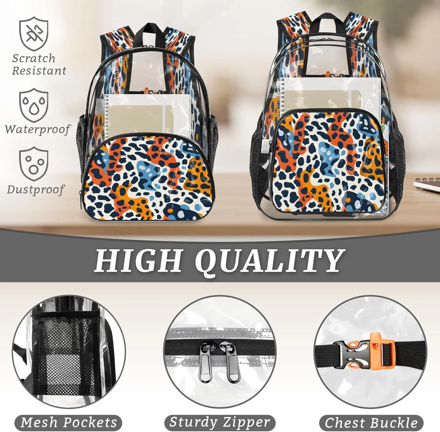 KOBLEN Modern Animal Print 14.2 Inch Clear Backpack, Heavy Duty Transparent PVC Daypack with Adjustable Padded Straps, Large Capacity Clear Bag for Festival, Concerts, Travel