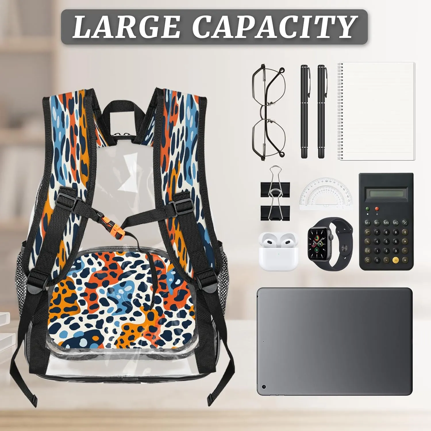 KOBLEN Modern Animal Print 14.2 Inch Clear Backpack, Heavy Duty Transparent PVC Daypack with Adjustable Padded Straps, Large Capacity Clear Bag for Festival, Concerts, Travel