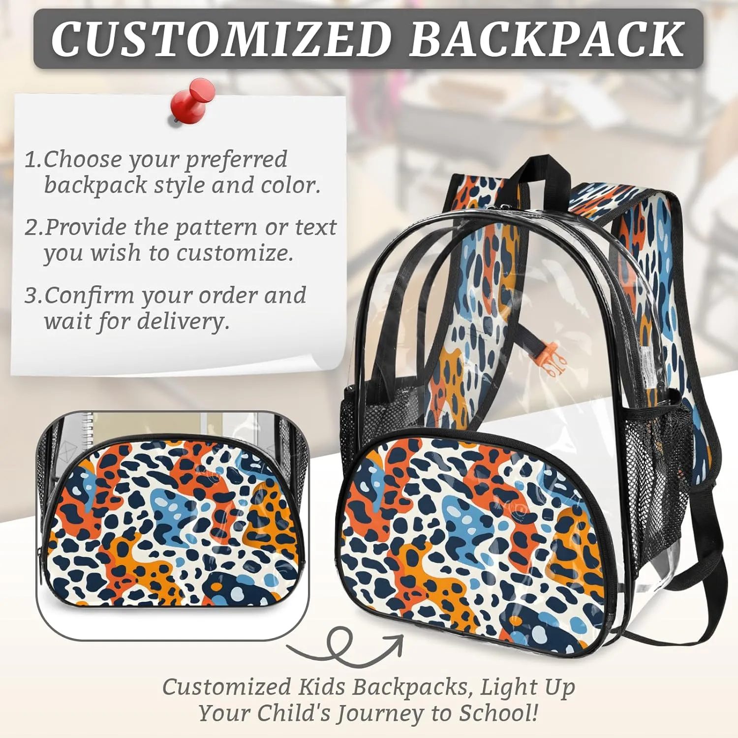 KOBLEN Modern Animal Print 14.2 Inch Clear Backpack, Heavy Duty Transparent PVC Daypack with Adjustable Padded Straps, Large Capacity Clear Bag for Festival, Concerts, Travel
