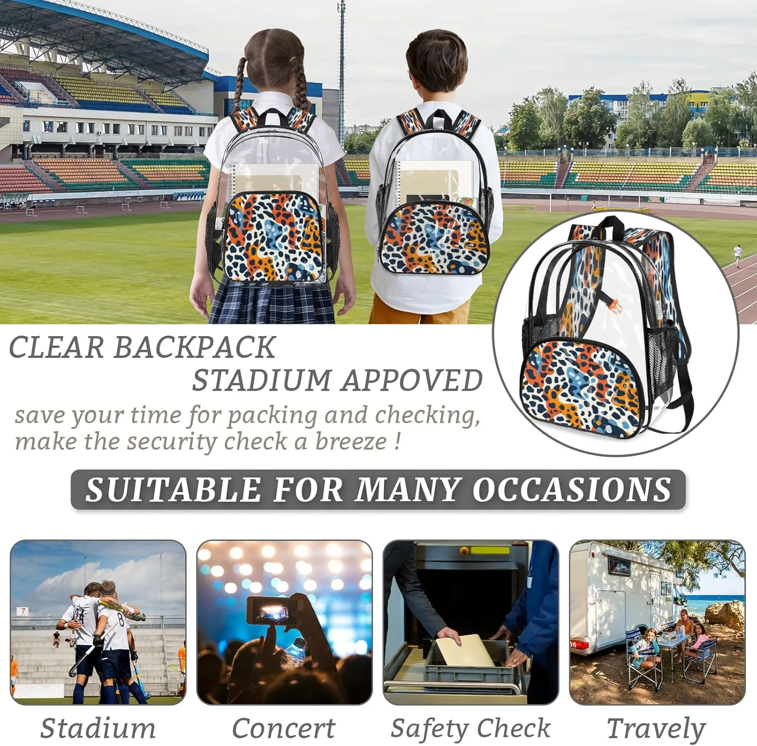 KOBLEN Modern Animal Print 14.2 Inch Clear Backpack, Heavy Duty Transparent PVC Daypack with Adjustable Padded Straps, Large Capacity Clear Bag for Festival, Concerts, Travel
