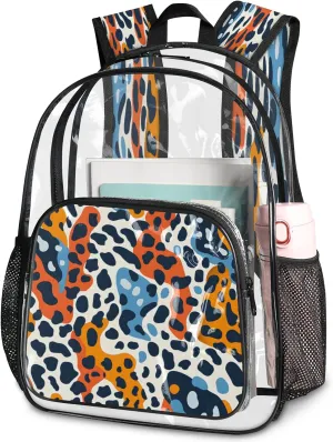 KOBLEN Modern Animal Print 14.2 Inch Clear Backpack, Heavy Duty Transparent PVC Daypack with Adjustable Padded Straps, Large Capacity Clear Bag for Festival, Concerts, Travel
