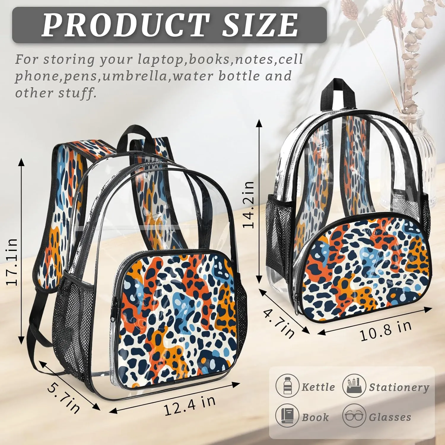 KOBLEN Modern Animal Print 14.2 Inch Clear Backpack, Heavy Duty Transparent PVC Daypack with Adjustable Padded Straps, Large Capacity Clear Bag for Festival, Concerts, Travel