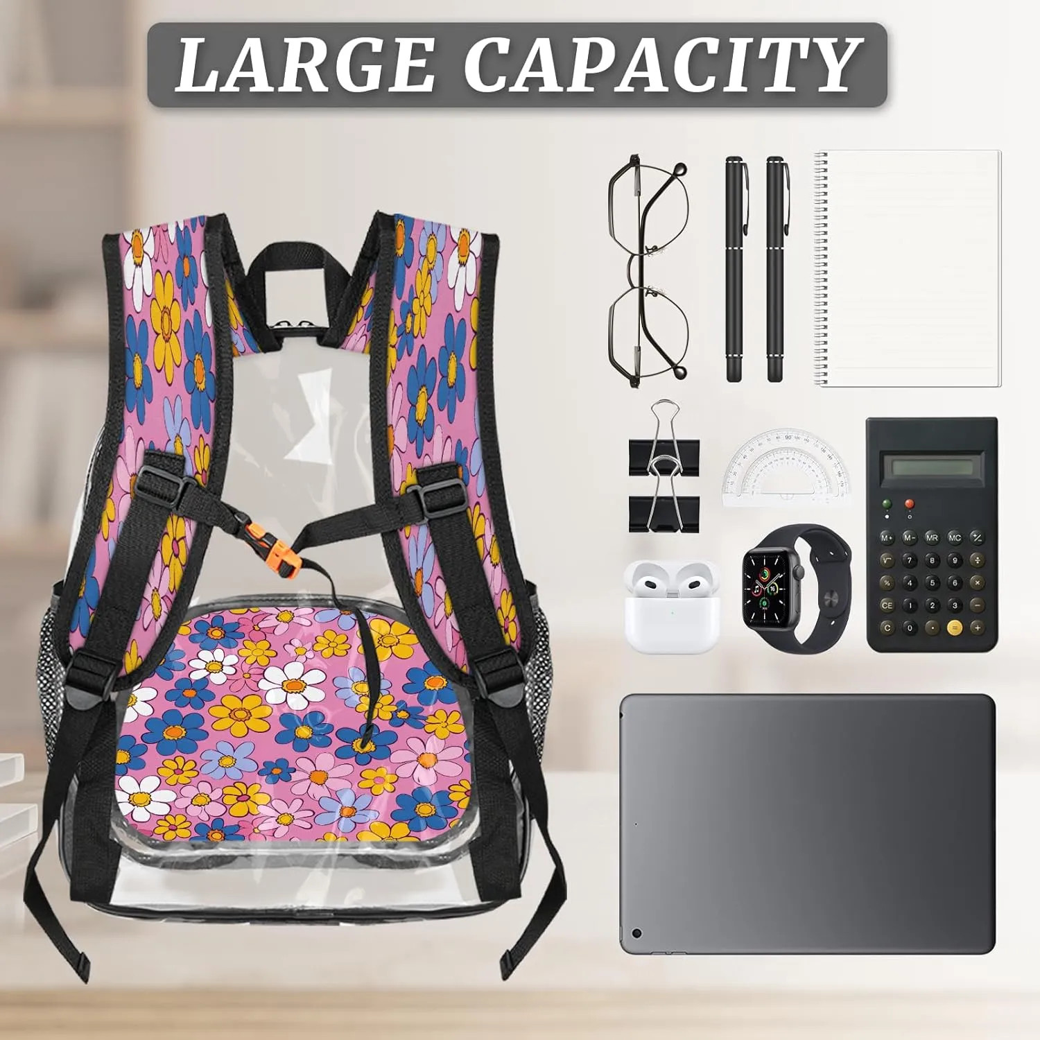 KOBLEN Pastel Pink Flowers 14.2 Inch Clear Backpack, Heavy Duty Transparent PVC Daypack with Adjustable Padded Straps, Large Capacity Clear Bag for Festival, Concerts, Travel