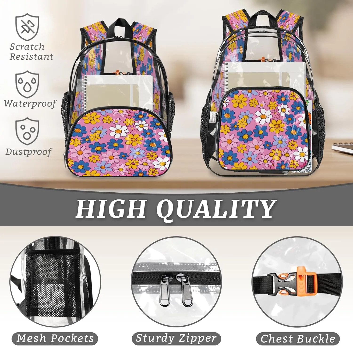 KOBLEN Pastel Pink Flowers 14.2 Inch Clear Backpack, Heavy Duty Transparent PVC Daypack with Adjustable Padded Straps, Large Capacity Clear Bag for Festival, Concerts, Travel