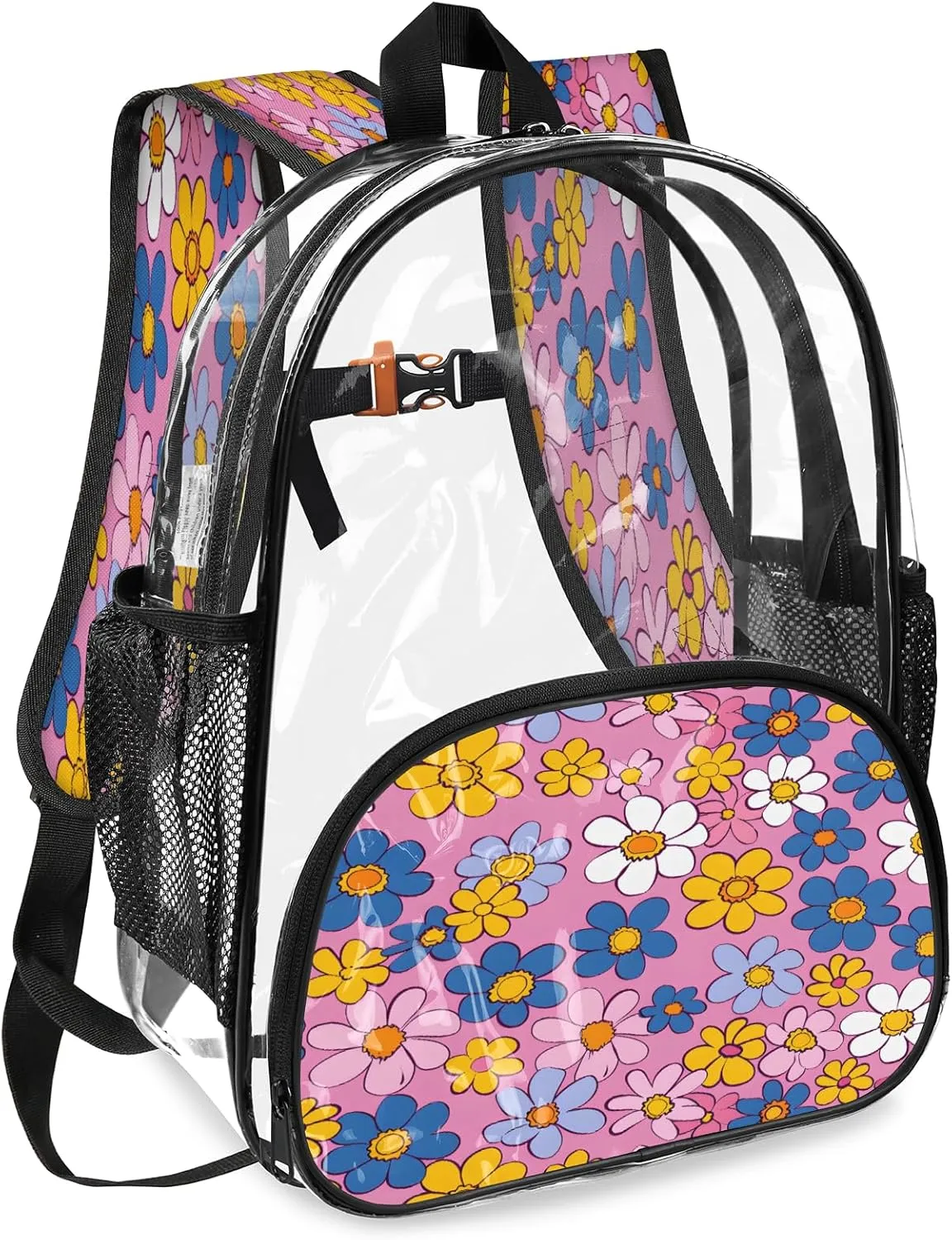 KOBLEN Pastel Pink Flowers 14.2 Inch Clear Backpack, Heavy Duty Transparent PVC Daypack with Adjustable Padded Straps, Large Capacity Clear Bag for Festival, Concerts, Travel