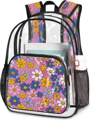 KOBLEN Pastel Pink Flowers 14.2 Inch Clear Backpack, Heavy Duty Transparent PVC Daypack with Adjustable Padded Straps, Large Capacity Clear Bag for Festival, Concerts, Travel