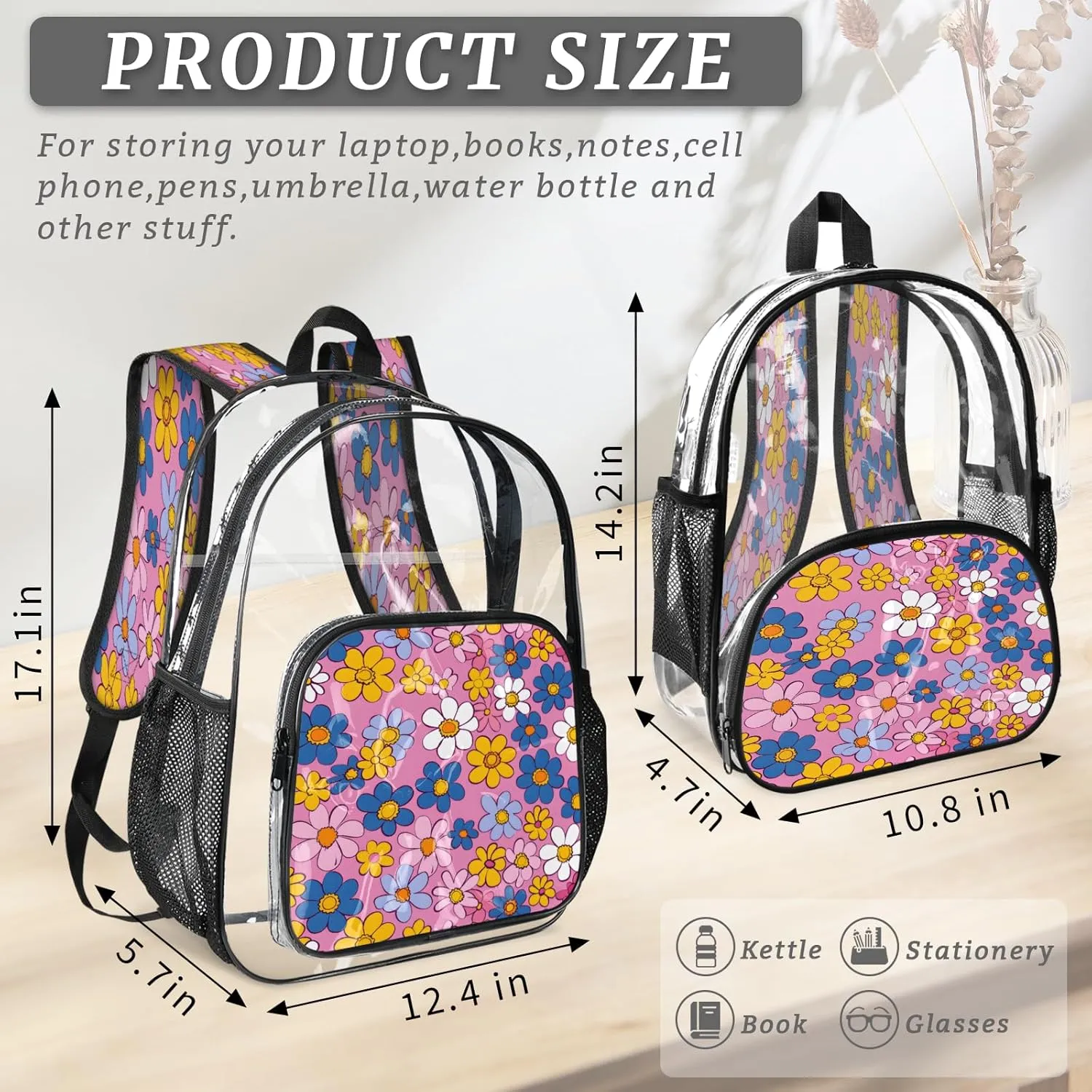KOBLEN Pastel Pink Flowers 14.2 Inch Clear Backpack, Heavy Duty Transparent PVC Daypack with Adjustable Padded Straps, Large Capacity Clear Bag for Festival, Concerts, Travel