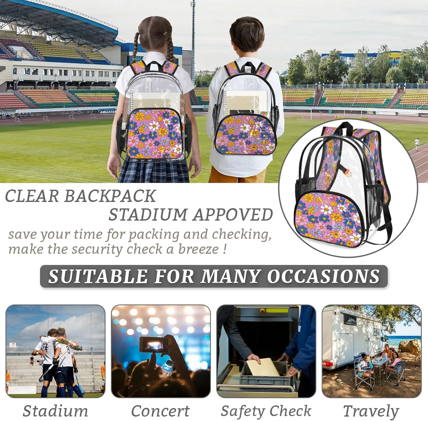KOBLEN Pastel Pink Flowers 14.2 Inch Clear Backpack, Heavy Duty Transparent PVC Daypack with Adjustable Padded Straps, Large Capacity Clear Bag for Festival, Concerts, Travel