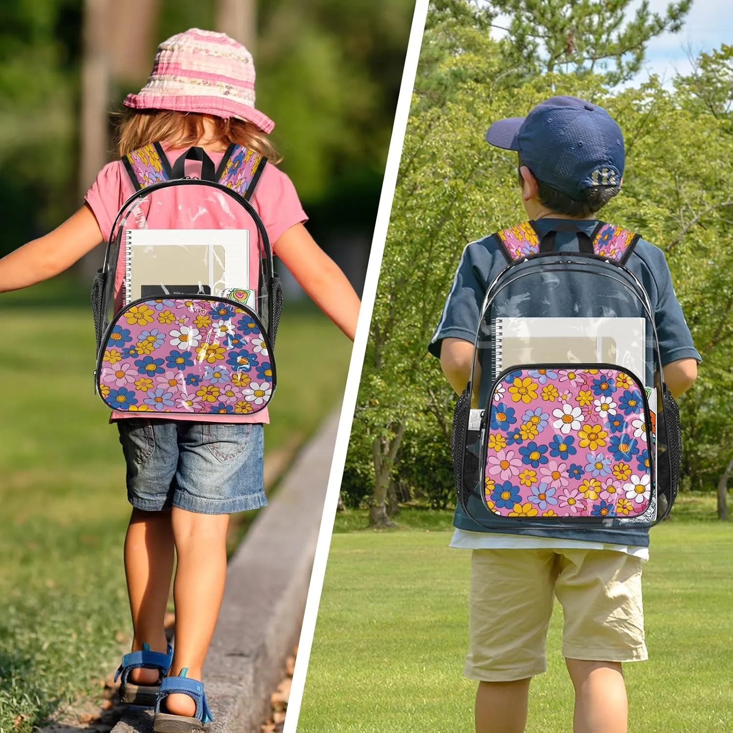 KOBLEN Pastel Pink Flowers 14.2 Inch Clear Backpack, Heavy Duty Transparent PVC Daypack with Adjustable Padded Straps, Large Capacity Clear Bag for Festival, Concerts, Travel