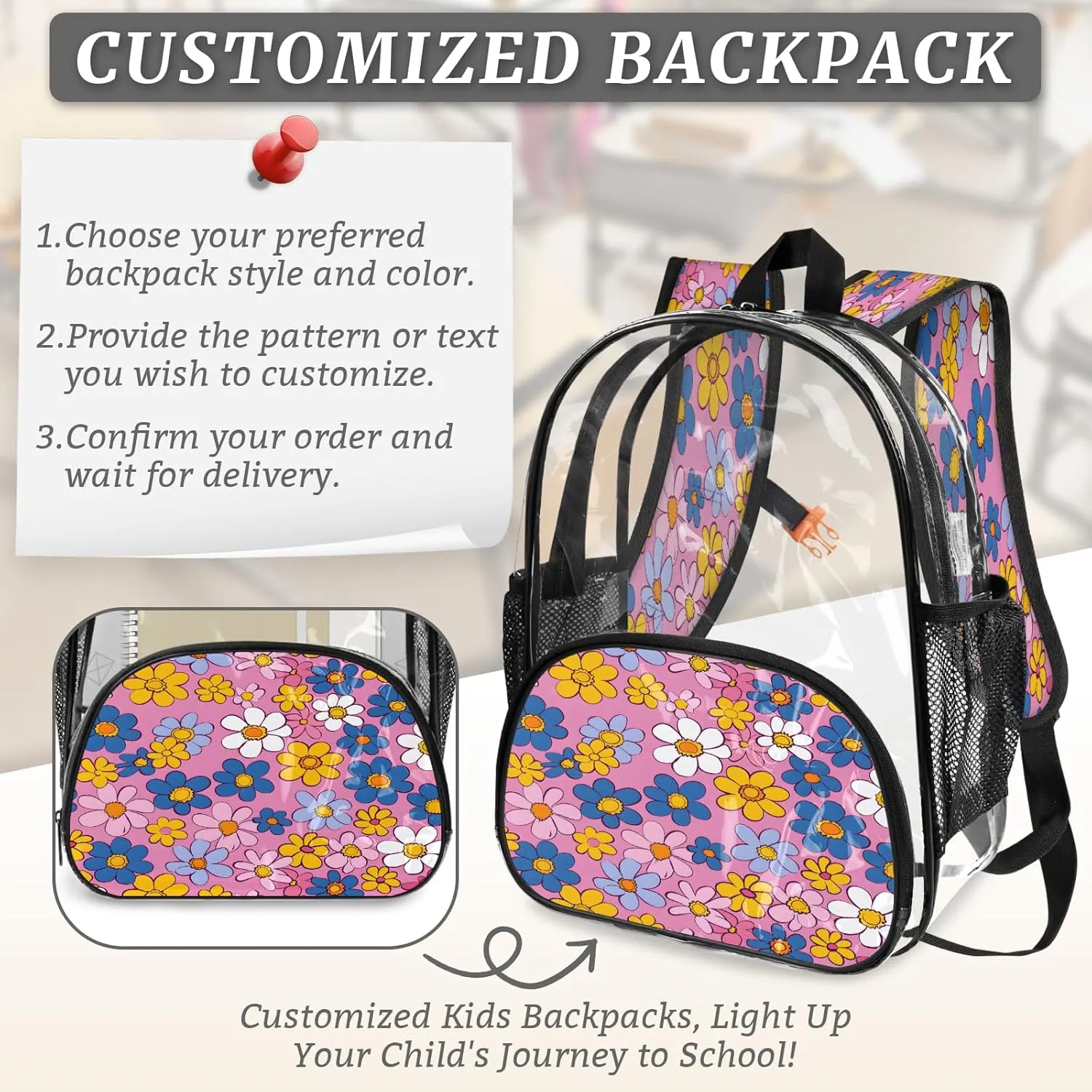 KOBLEN Pastel Pink Flowers 14.2 Inch Clear Backpack, Heavy Duty Transparent PVC Daypack with Adjustable Padded Straps, Large Capacity Clear Bag for Festival, Concerts, Travel