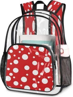 KOBLEN Red White Dot Pattern 14.2 Inch Clear Backpack, Heavy Duty Transparent PVC Daypack with Adjustable Padded Straps, Large Capacity Clear Bag for Festival, Concerts, Travel