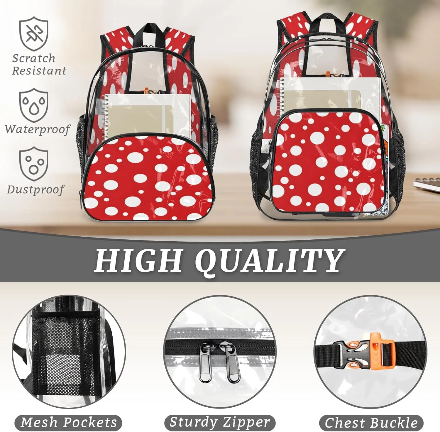 KOBLEN Red White Dot Pattern 14.2 Inch Clear Backpack, Heavy Duty Transparent PVC Daypack with Adjustable Padded Straps, Large Capacity Clear Bag for Festival, Concerts, Travel