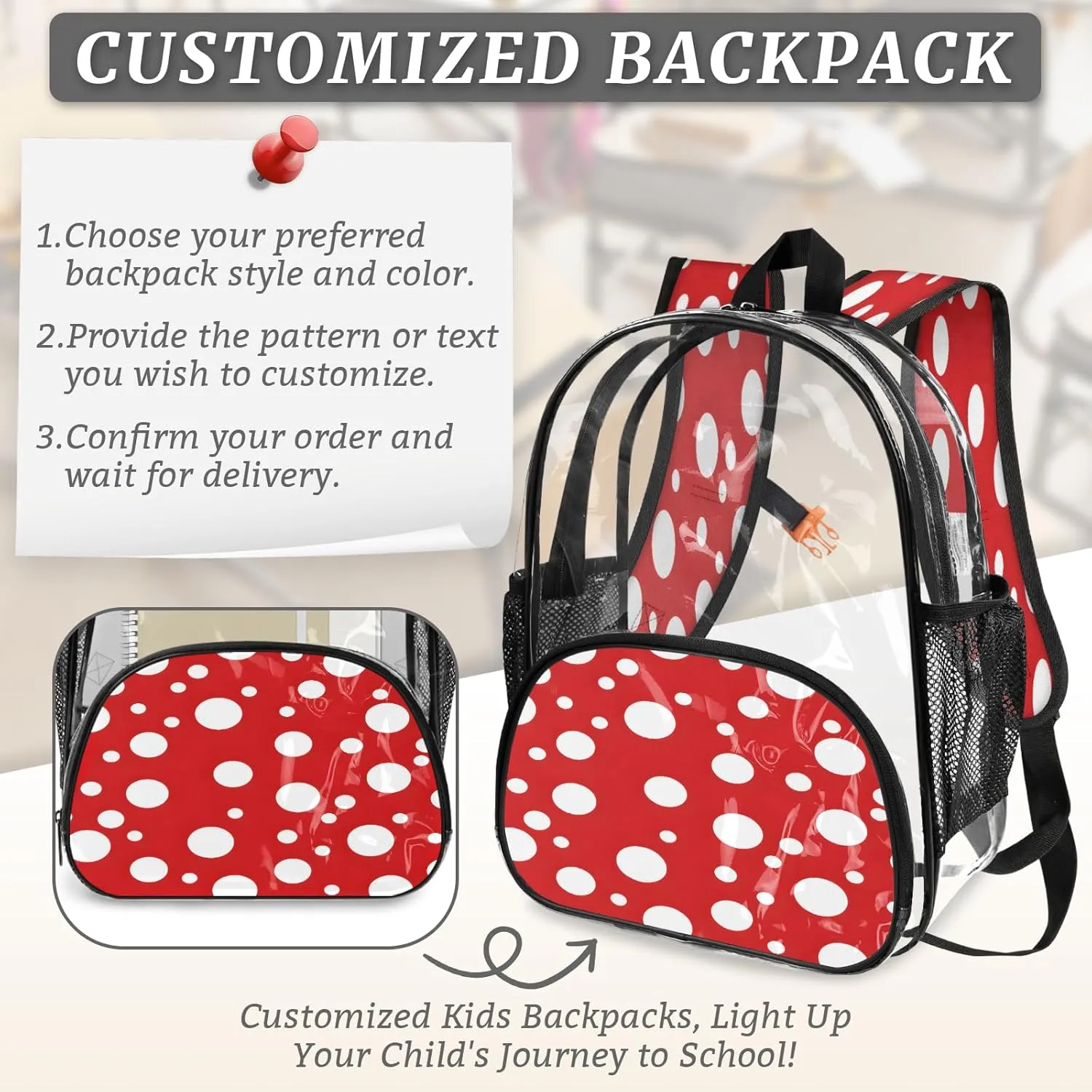 KOBLEN Red White Dot Pattern 14.2 Inch Clear Backpack, Heavy Duty Transparent PVC Daypack with Adjustable Padded Straps, Large Capacity Clear Bag for Festival, Concerts, Travel