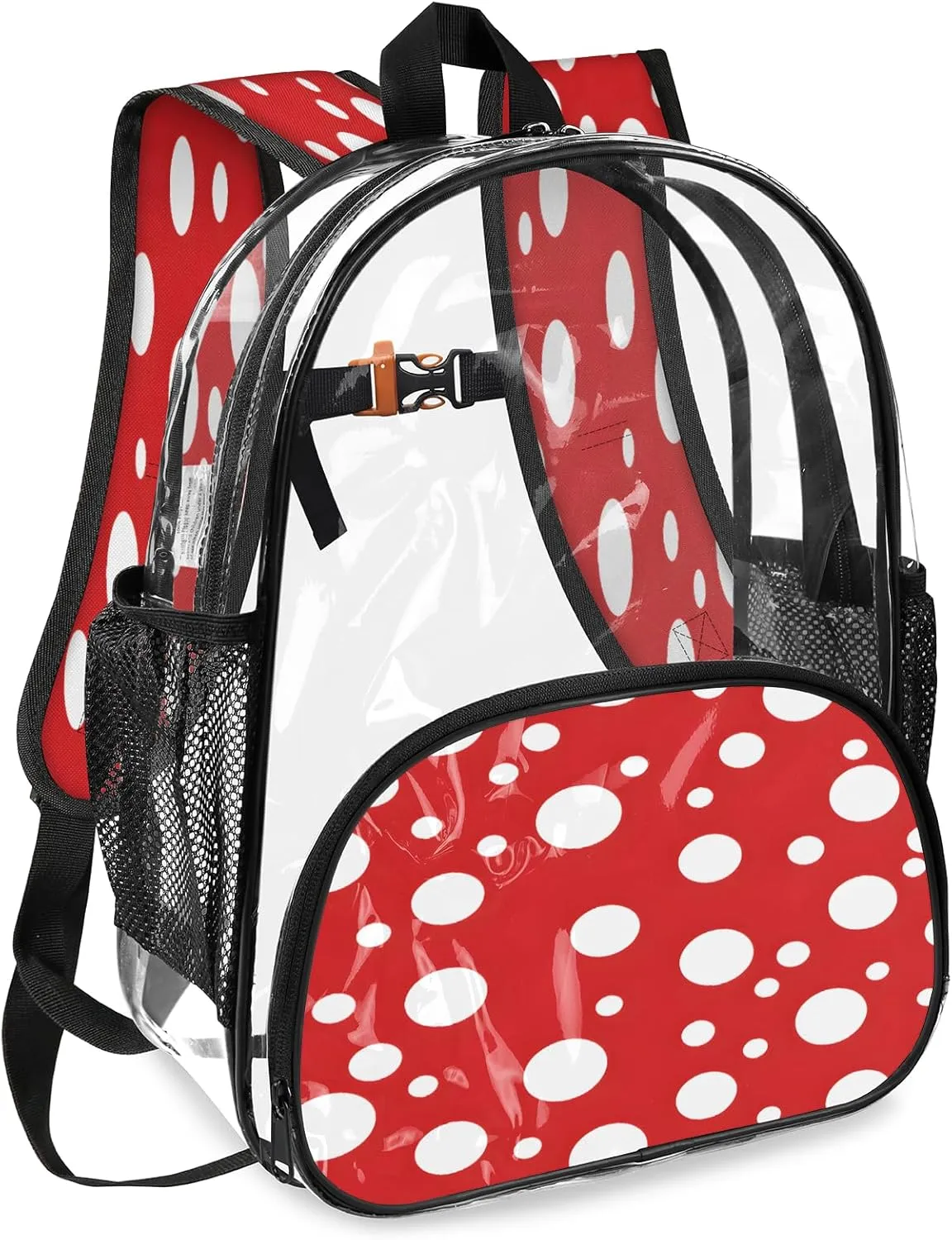 KOBLEN Red White Dot Pattern 14.2 Inch Clear Backpack, Heavy Duty Transparent PVC Daypack with Adjustable Padded Straps, Large Capacity Clear Bag for Festival, Concerts, Travel