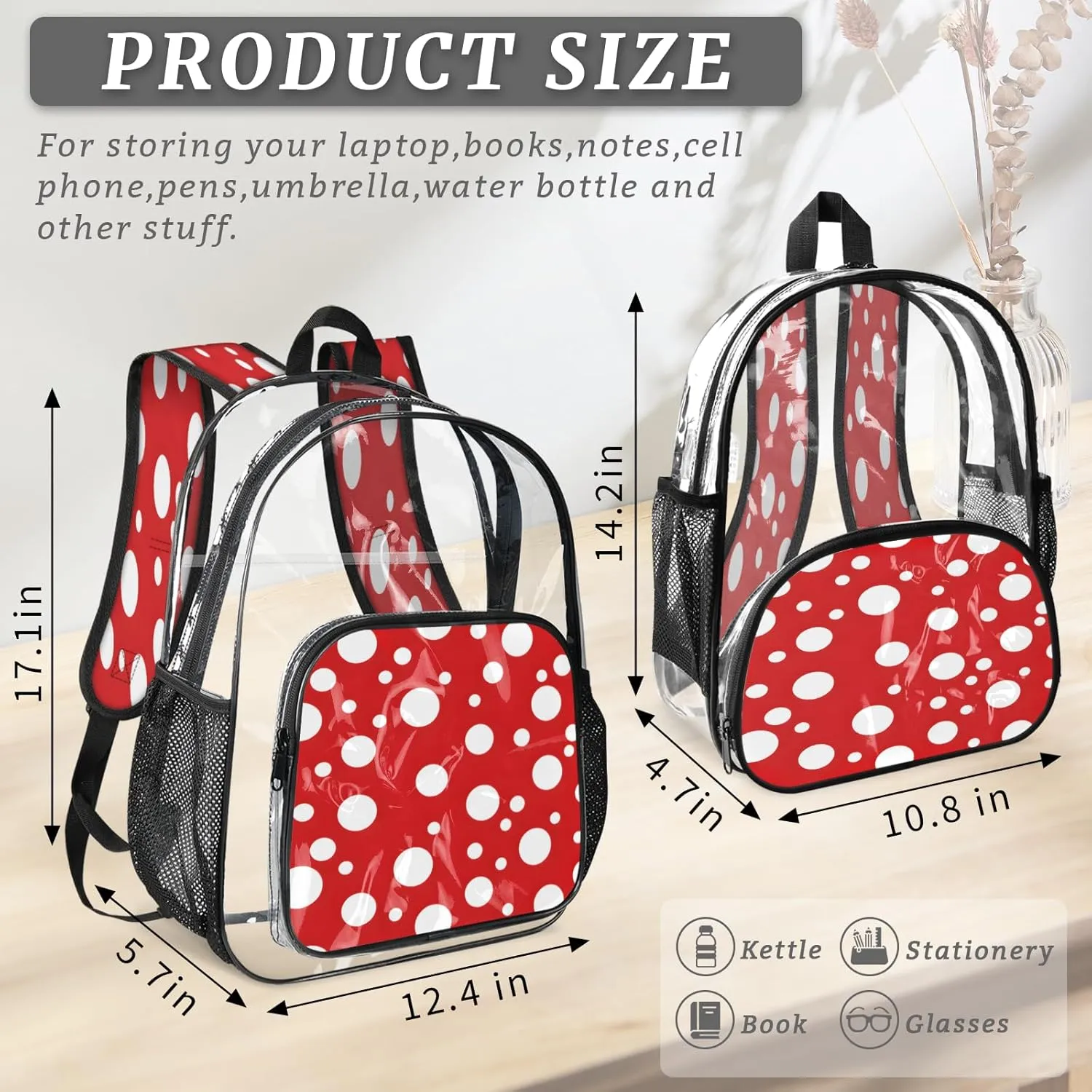KOBLEN Red White Dot Pattern 14.2 Inch Clear Backpack, Heavy Duty Transparent PVC Daypack with Adjustable Padded Straps, Large Capacity Clear Bag for Festival, Concerts, Travel