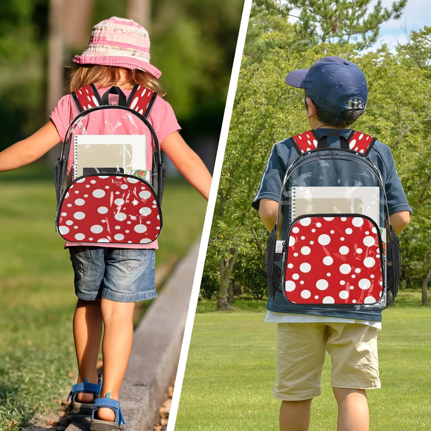 KOBLEN Red White Dot Pattern 14.2 Inch Clear Backpack, Heavy Duty Transparent PVC Daypack with Adjustable Padded Straps, Large Capacity Clear Bag for Festival, Concerts, Travel