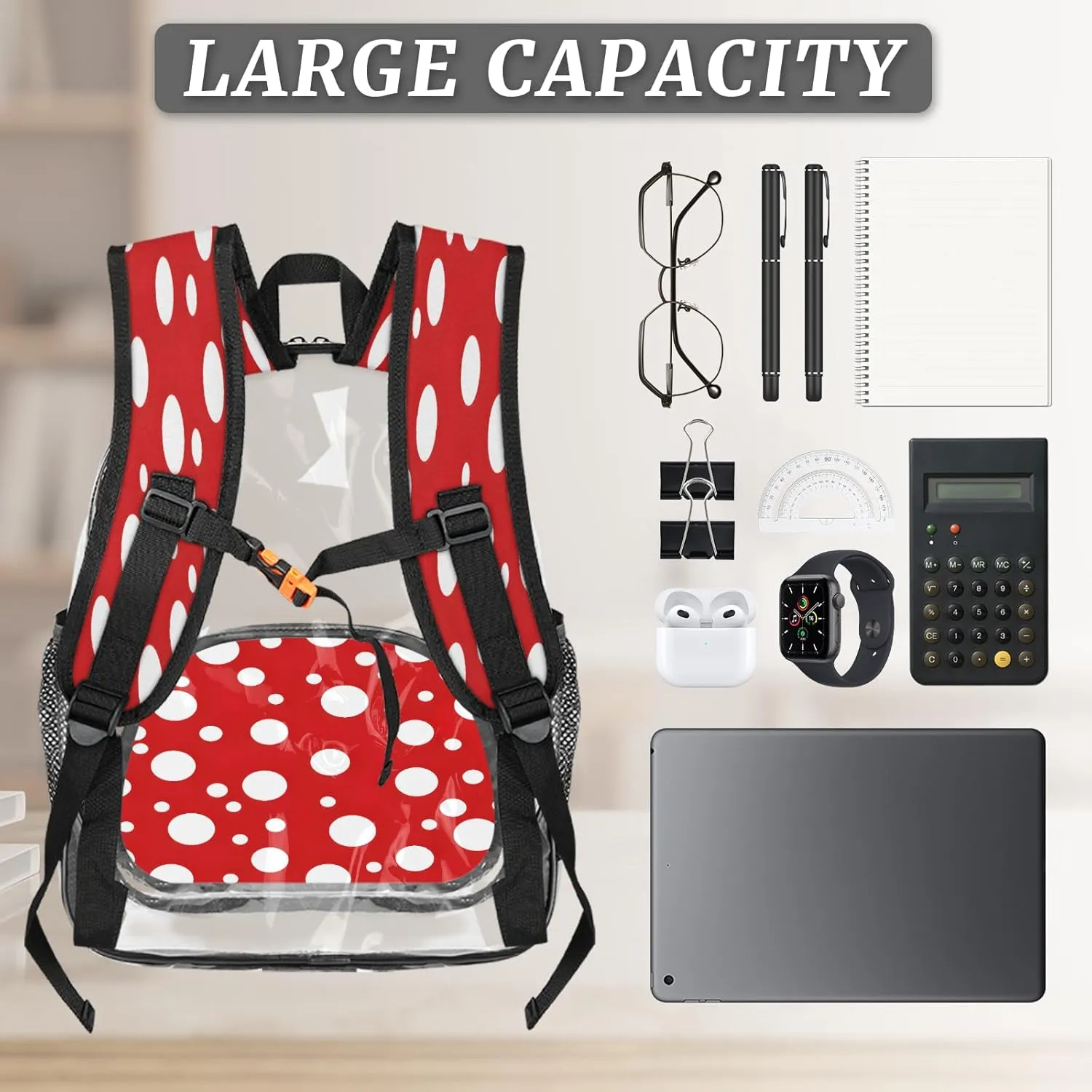 KOBLEN Red White Dot Pattern 14.2 Inch Clear Backpack, Heavy Duty Transparent PVC Daypack with Adjustable Padded Straps, Large Capacity Clear Bag for Festival, Concerts, Travel