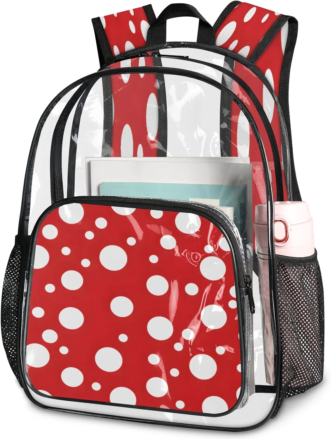 KOBLEN Red White Dot Pattern 14.2 Inch Clear Backpack, Heavy Duty Transparent PVC Daypack with Adjustable Padded Straps, Large Capacity Clear Bag for Festival, Concerts, Travel