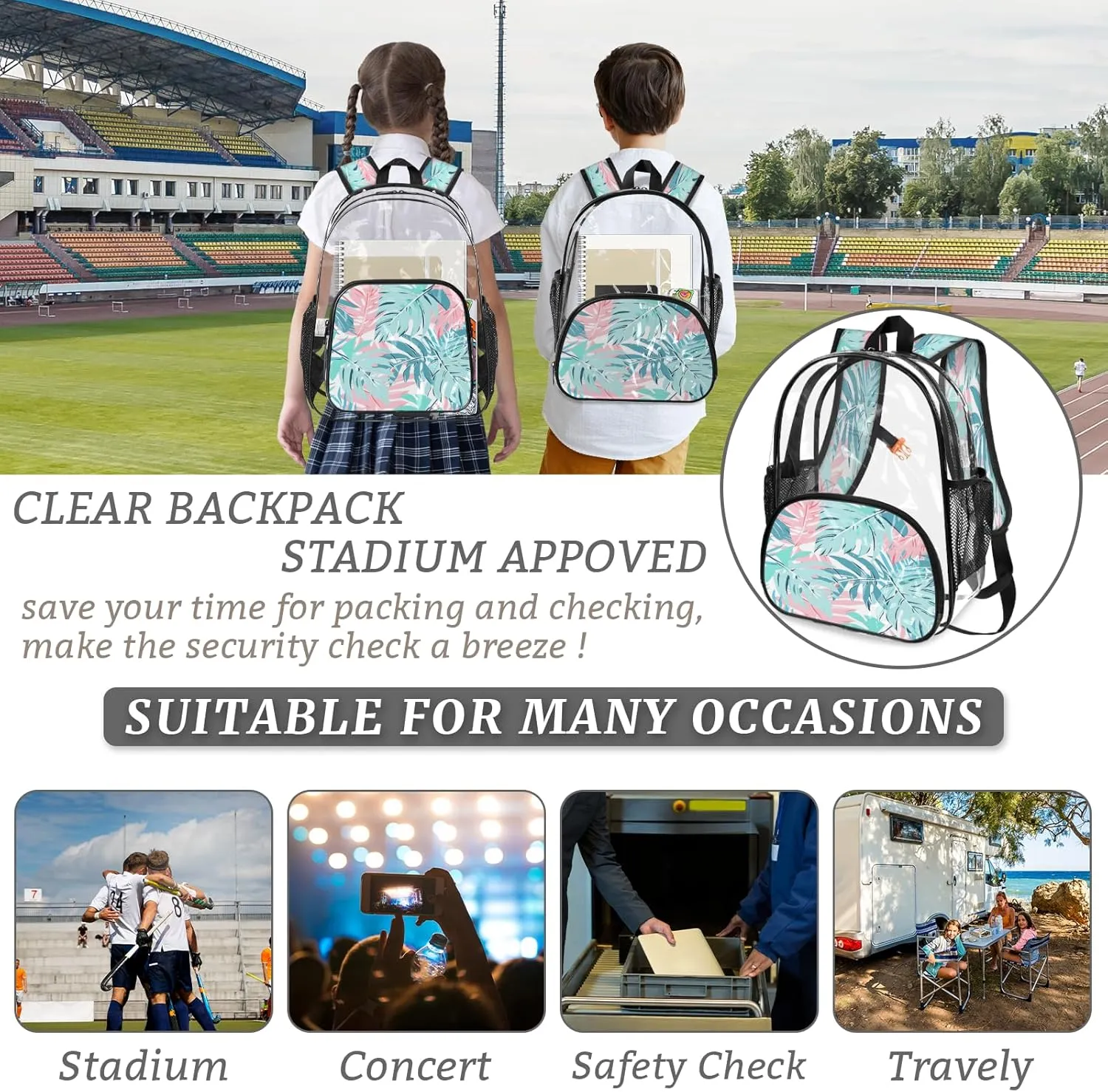 KOBLEN Tropic Leaves 17.1 Inch Clear Backpack, Heavy Duty Transparent PVC Daypack with Adjustable Padded Straps, Large Capacity Clear Bag for Festival, Concerts, Travel