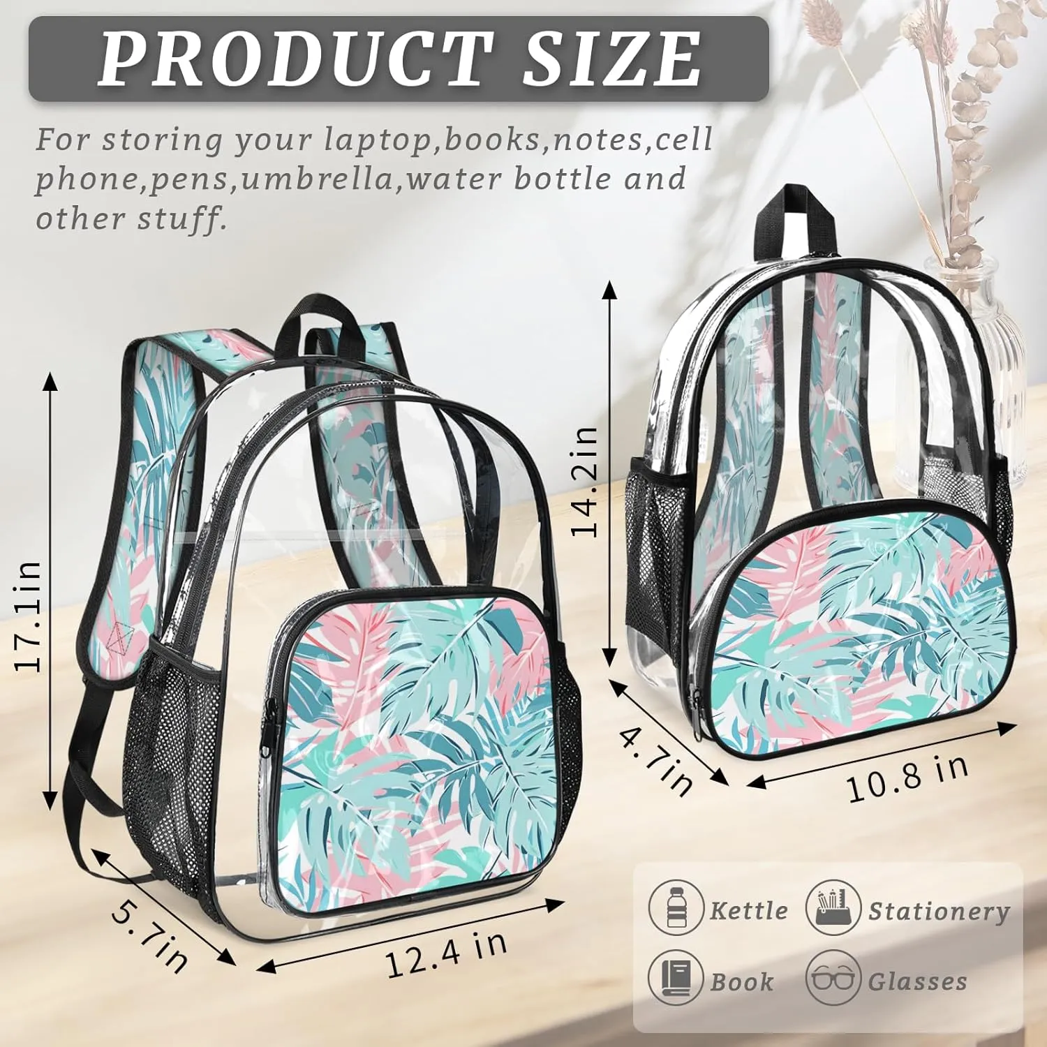 KOBLEN Tropic Leaves 17.1 Inch Clear Backpack, Heavy Duty Transparent PVC Daypack with Adjustable Padded Straps, Large Capacity Clear Bag for Festival, Concerts, Travel
