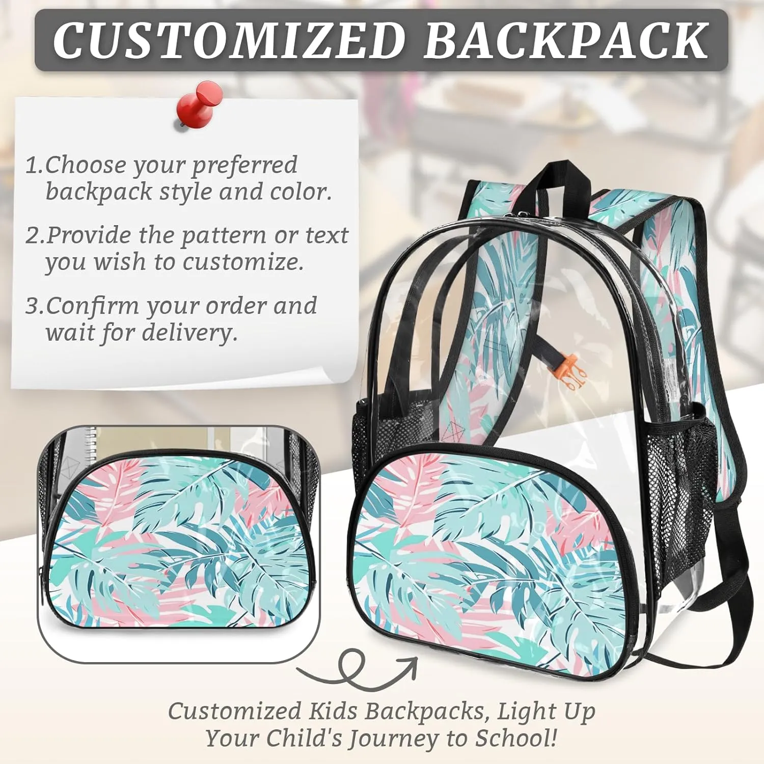 KOBLEN Tropic Leaves 17.1 Inch Clear Backpack, Heavy Duty Transparent PVC Daypack with Adjustable Padded Straps, Large Capacity Clear Bag for Festival, Concerts, Travel