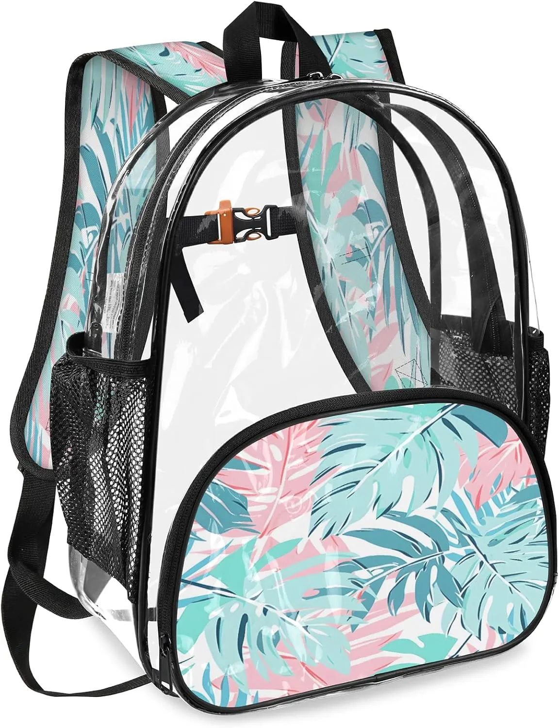 KOBLEN Tropic Leaves 17.1 Inch Clear Backpack, Heavy Duty Transparent PVC Daypack with Adjustable Padded Straps, Large Capacity Clear Bag for Festival, Concerts, Travel