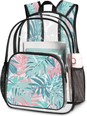 KOBLEN Tropic Leaves 17.1 Inch Clear Backpack, Heavy Duty Transparent PVC Daypack with Adjustable Padded Straps, Large Capacity Clear Bag for Festival, Concerts, Travel