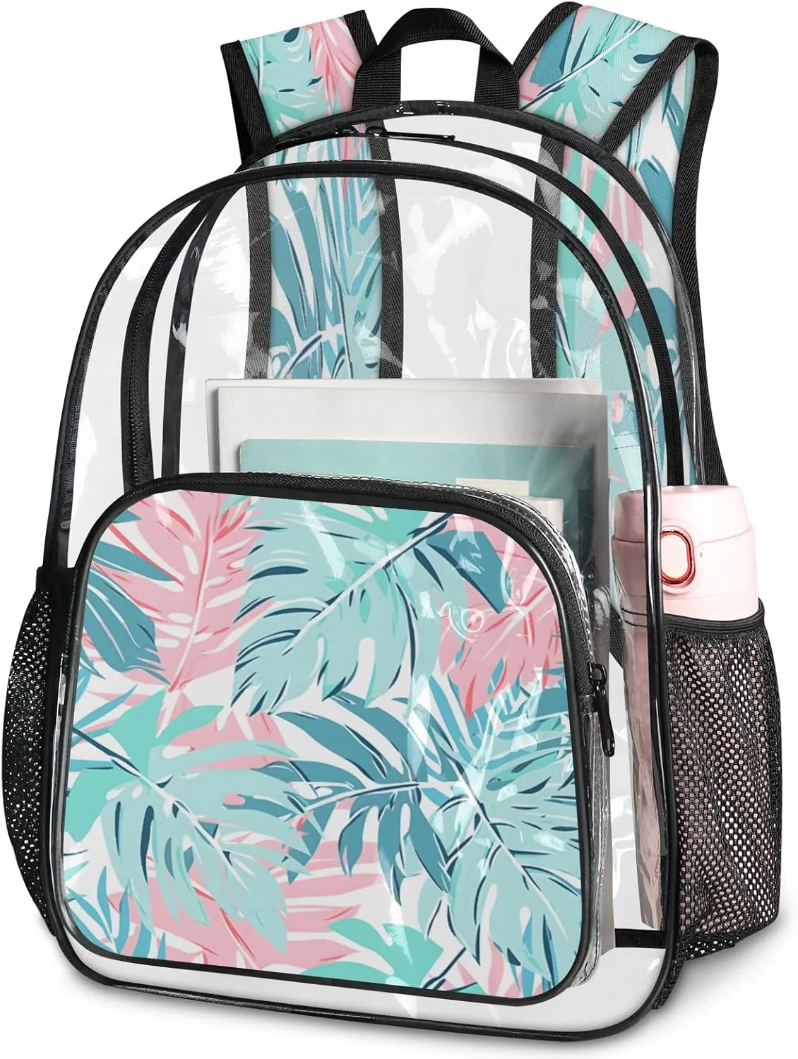 KOBLEN Tropic Leaves 17.1 Inch Clear Backpack, Heavy Duty Transparent PVC Daypack with Adjustable Padded Straps, Large Capacity Clear Bag for Festival, Concerts, Travel