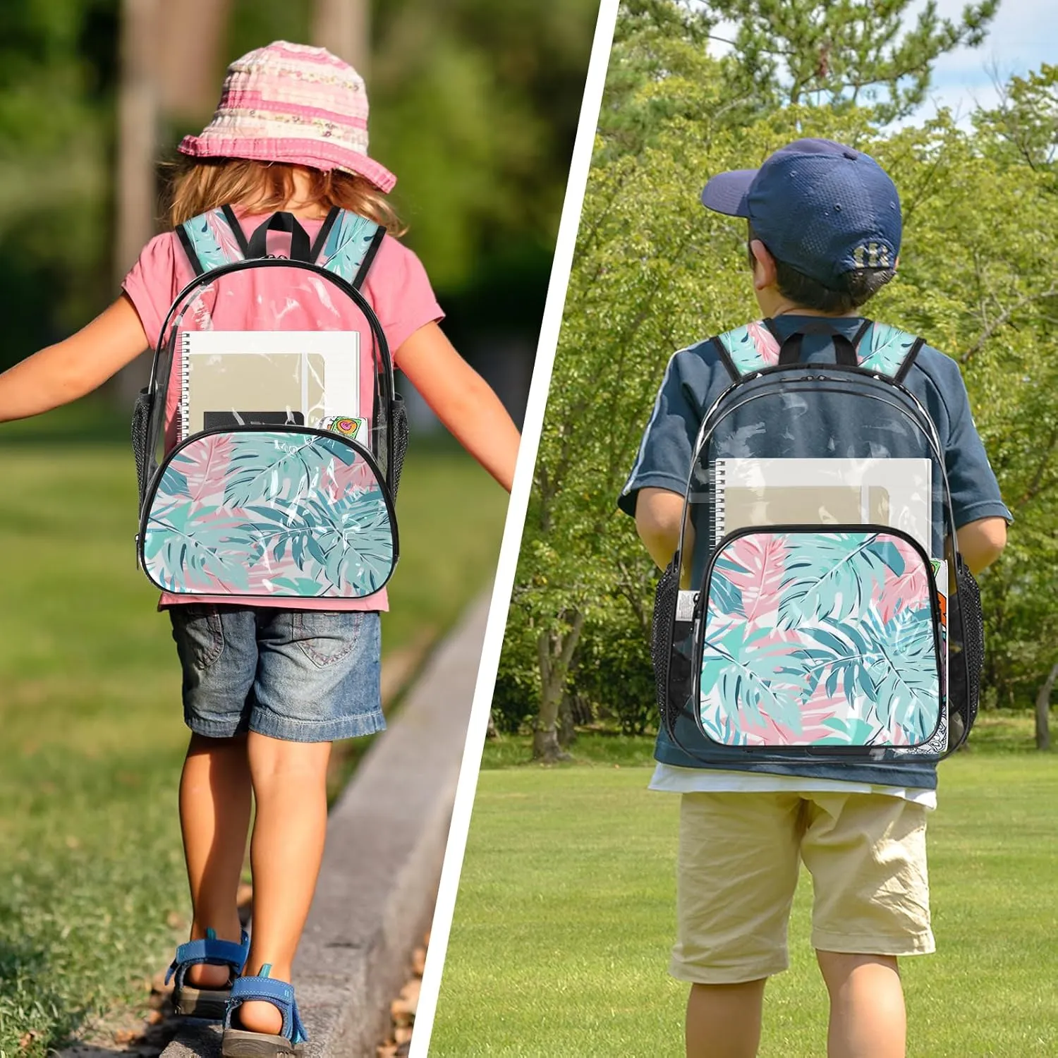 KOBLEN Tropic Leaves 17.1 Inch Clear Backpack, Heavy Duty Transparent PVC Daypack with Adjustable Padded Straps, Large Capacity Clear Bag for Festival, Concerts, Travel