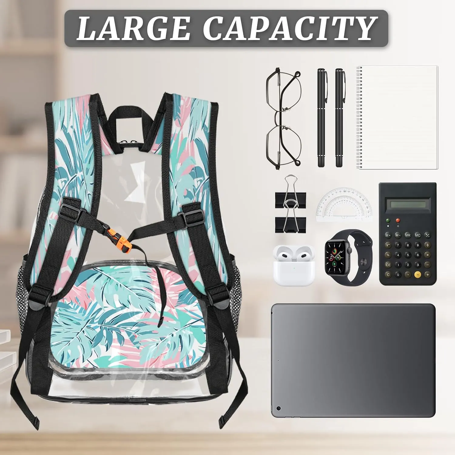 KOBLEN Tropic Leaves 17.1 Inch Clear Backpack, Heavy Duty Transparent PVC Daypack with Adjustable Padded Straps, Large Capacity Clear Bag for Festival, Concerts, Travel