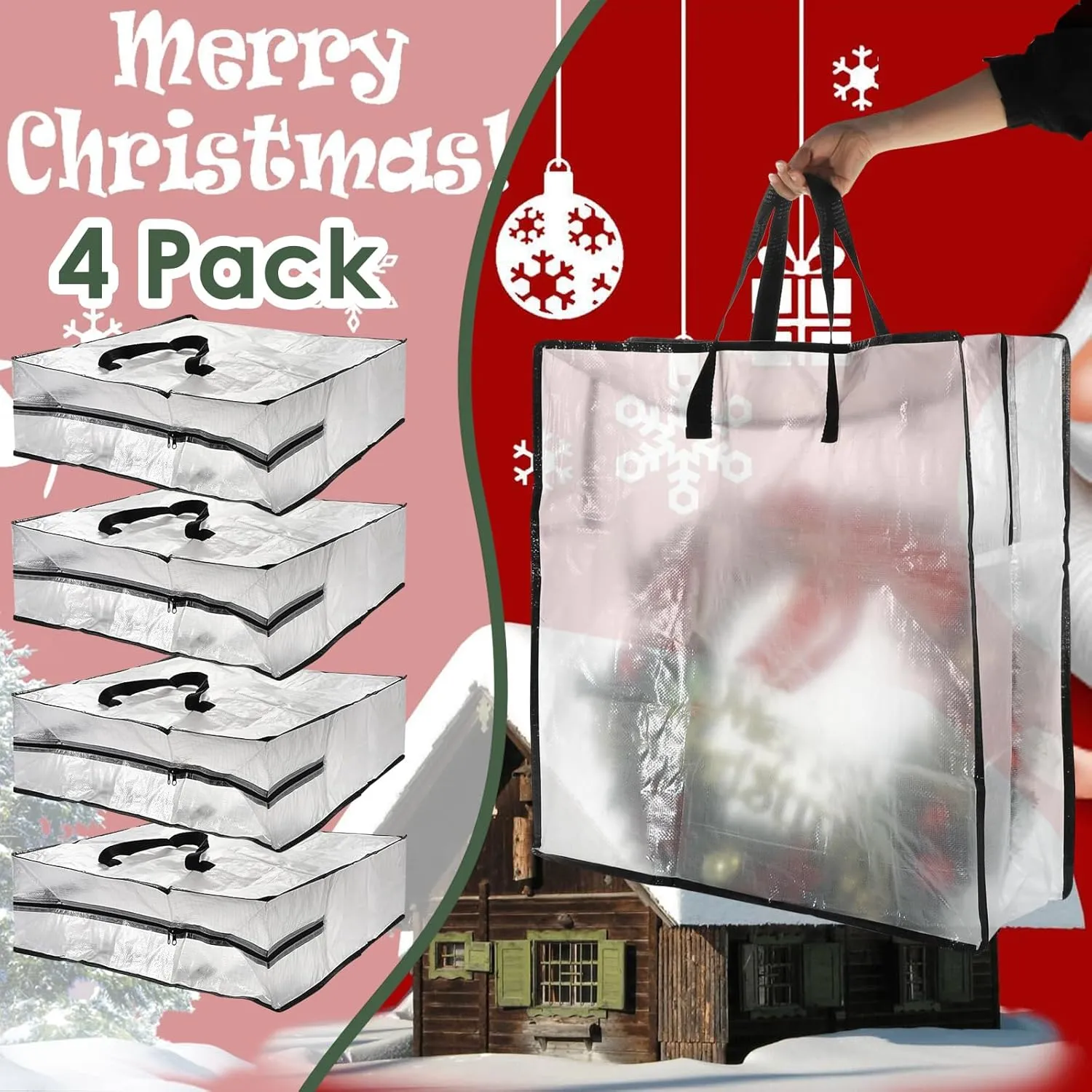 Kokone Wreath Storage Container 4 Pcs Square Clear Christamas Wreath Storage Bag with Handle 24'' Dual Zippered Wreath Bag for Festival Waterproof Nylon Wreath Protector for Wreath,Decorations,Pillows