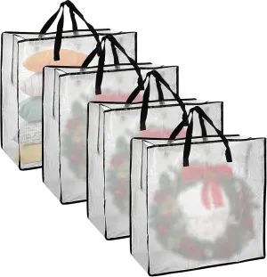 Kokone Wreath Storage Container 4 Pcs Square Clear Christamas Wreath Storage Bag with Handle 24'' Dual Zippered Wreath Bag for Festival Waterproof Nylon Wreath Protector for Wreath,Decorations,Pillows