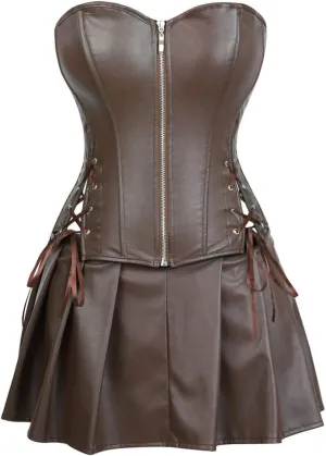 Kranchungel Women's Punk Rock Faux Leather Corset with Skirt Retro Goth Waist Cincher Basque Bustier