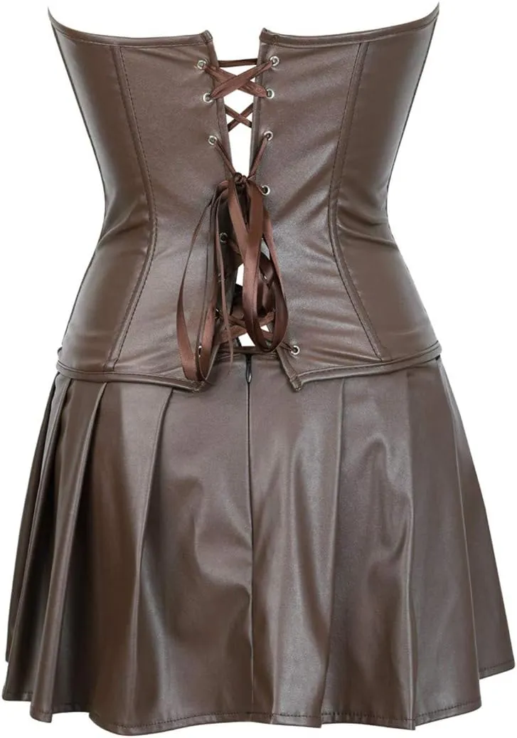 Kranchungel Women's Punk Rock Faux Leather Corset with Skirt Retro Goth Waist Cincher Basque Bustier