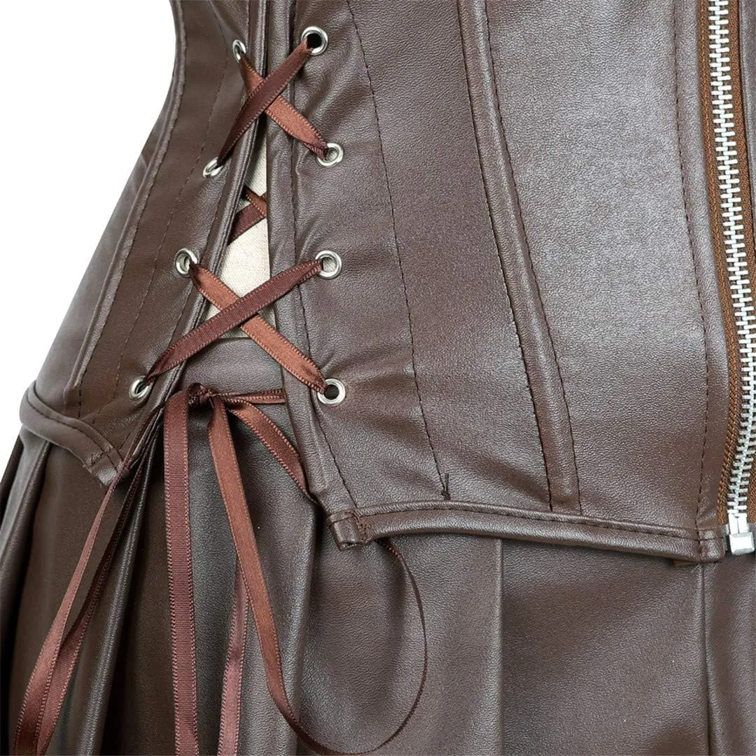 Kranchungel Women's Punk Rock Faux Leather Corset with Skirt Retro Goth Waist Cincher Basque Bustier