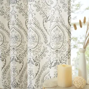 LAMIT Linen Curtains for Living Room 84 Inch Length 2 Panels Set, Vintage Damask Printed Linen Curtains Grommet Light Filtering Window Drapes for Bedroom/Farmhouse, Grey, Each 52 x 84 Inch