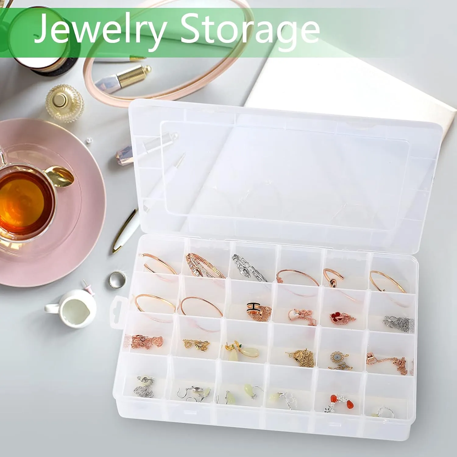 Large 24 Grids Plastic Organizer Box Adjustable Dividers,Clear Storage Box for Jewelry, Art DIY Crafts, Washi Tapes, Beads and Small Parts
