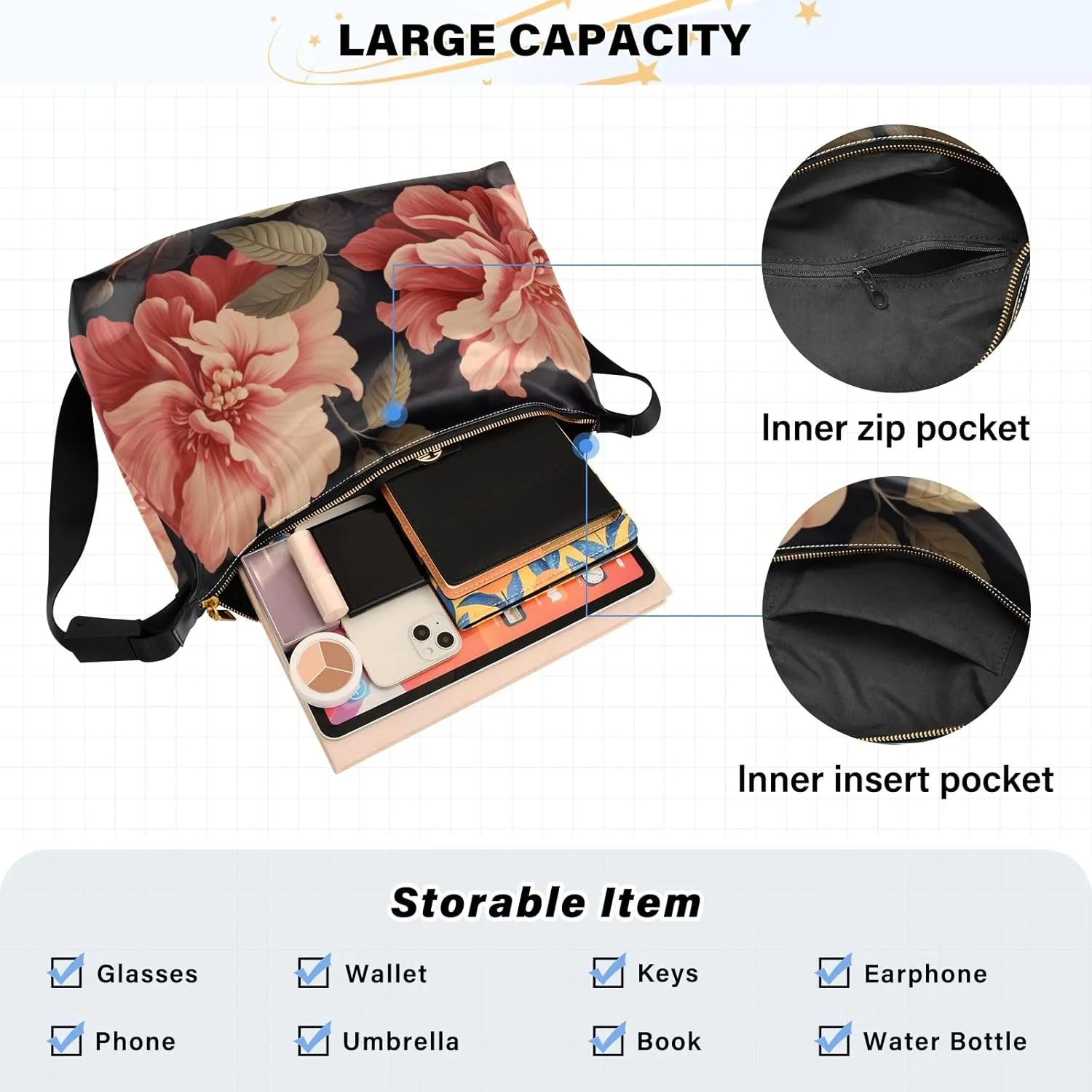 Large Blossoms Flowers Painted Hobo Bag with Zipper, Women's Shoulder Bags, Vegan Crossbody Bag