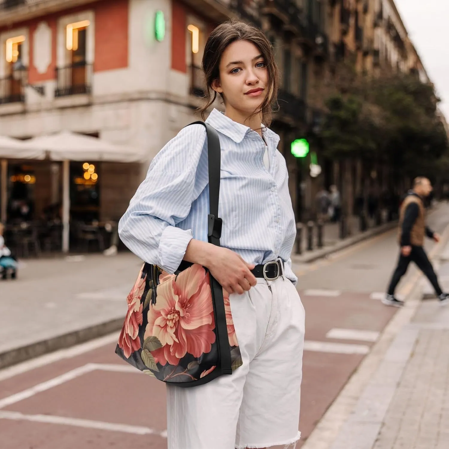 Large Blossoms Flowers Painted Hobo Bag with Zipper, Women's Shoulder Bags, Vegan Crossbody Bag