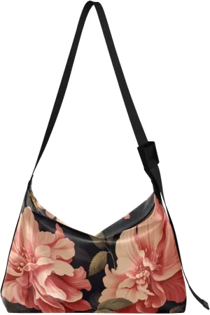 Large Blossoms Flowers Painted Hobo Bag with Zipper, Women's Shoulder Bags, Vegan Crossbody Bag