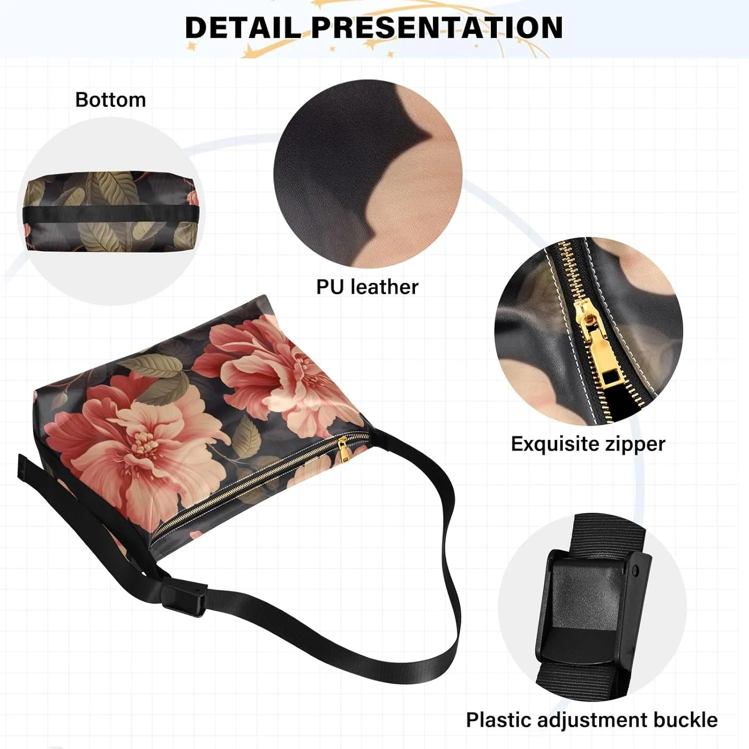 Large Blossoms Flowers Painted Hobo Bag with Zipper, Women's Shoulder Bags, Vegan Crossbody Bag