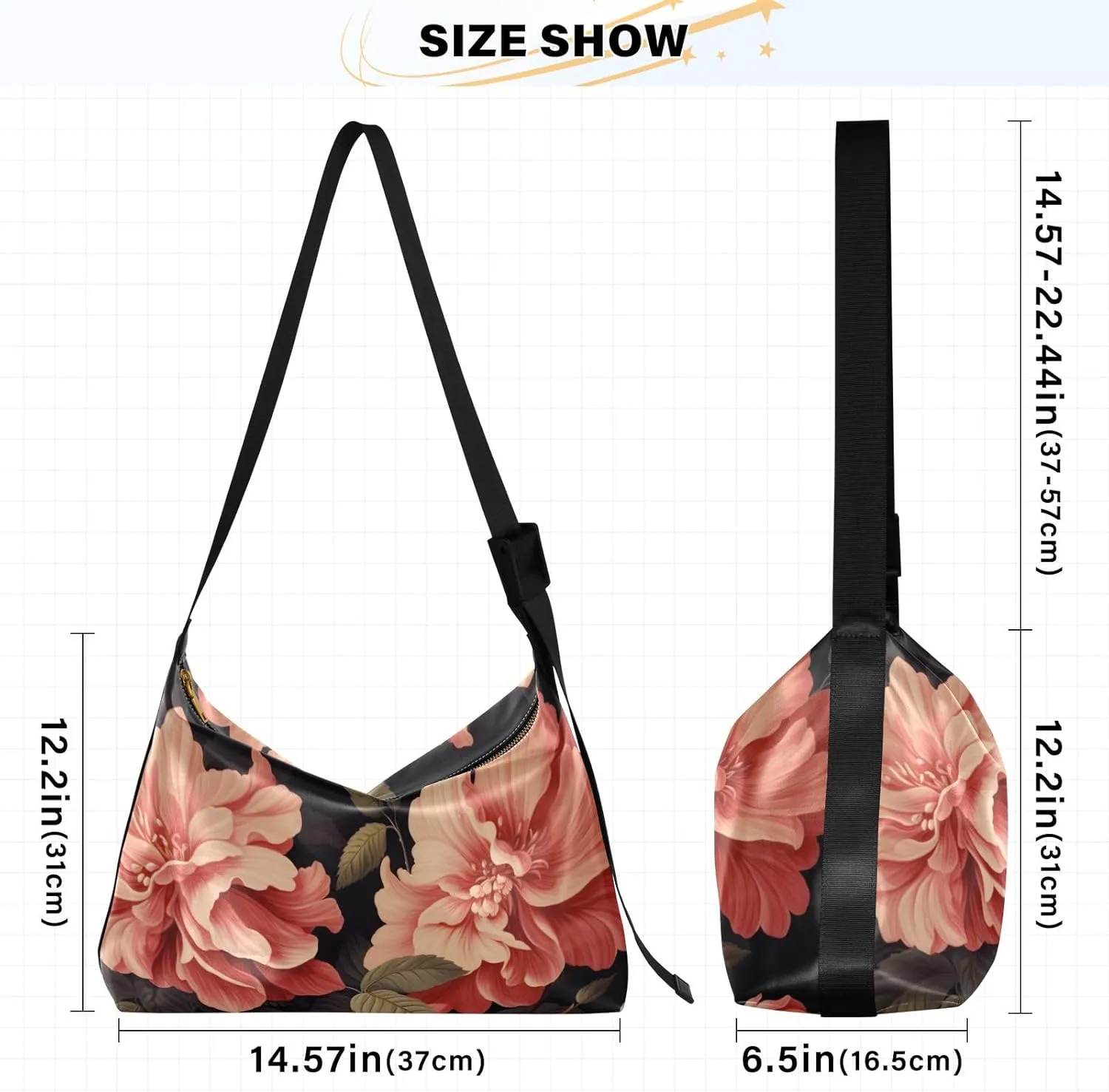 Large Blossoms Flowers Painted Hobo Bag with Zipper, Women's Shoulder Bags, Vegan Crossbody Bag
