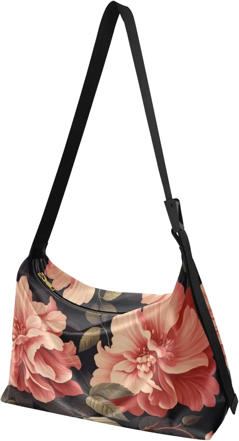 Large Blossoms Flowers Painted Hobo Bag with Zipper, Women's Shoulder Bags, Vegan Crossbody Bag