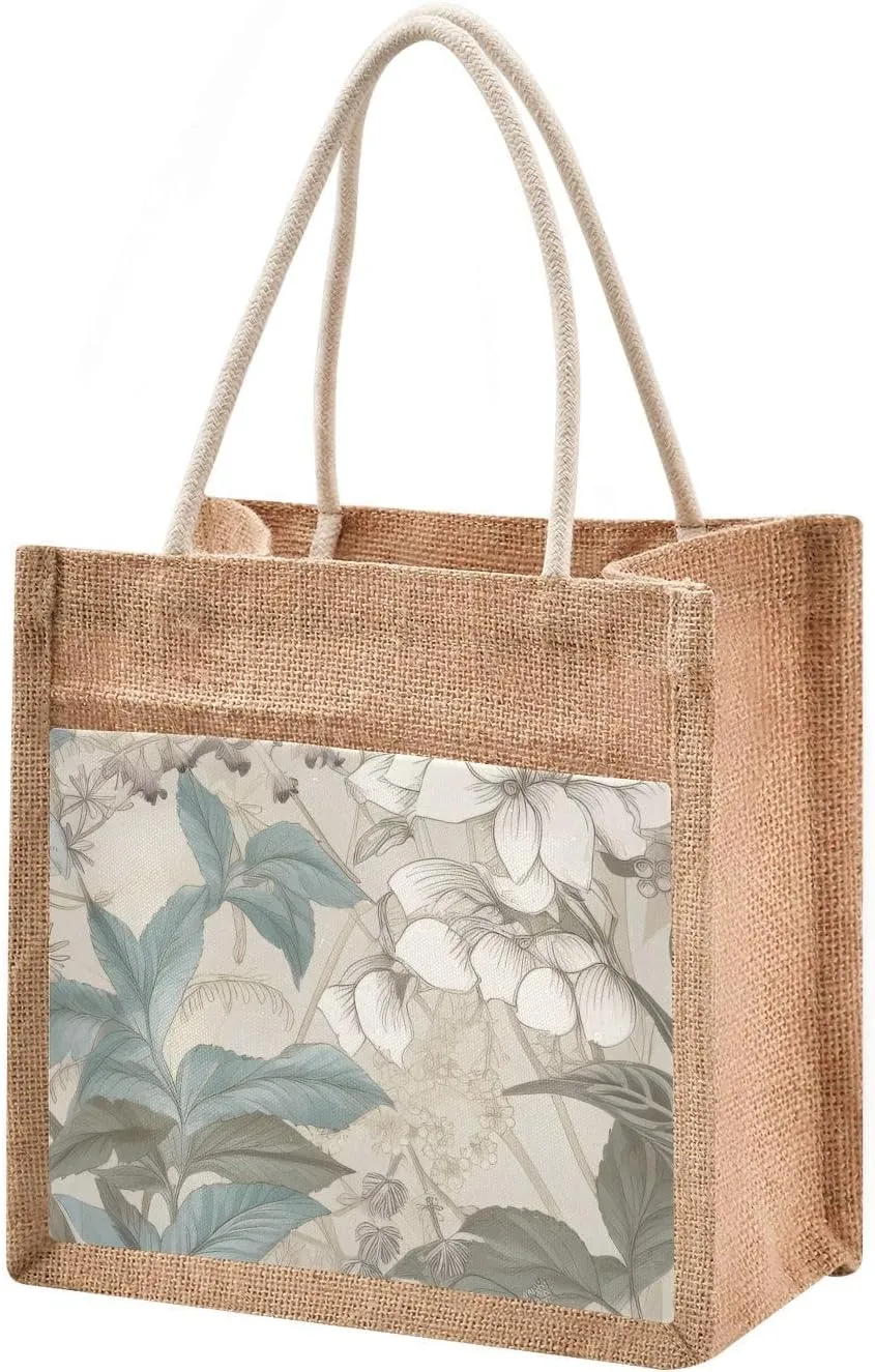Large Jute Beach Bag Cotton Filled Handle Top Zipper Closure Burlap Tote Handbag 4 Size Pattern 1
