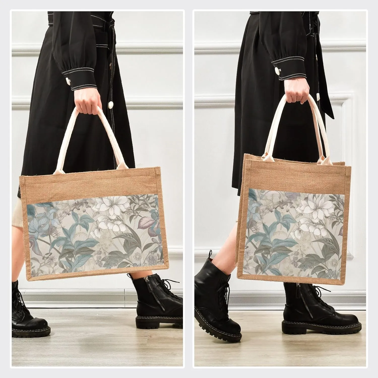 Large Jute Beach Bag Cotton Filled Handle Top Zipper Closure Burlap Tote Handbag 4 Size Pattern 1