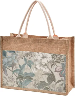 Large Jute Beach Bag Cotton Filled Handle Top Zipper Closure Burlap Tote Handbag 4 Size Pattern 1