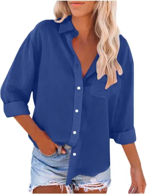 Lastesso Linen Shirts for Women Casual Button Down Summer Plain T-Shirts Classic Cover Up Loose Blouses Collared Work Tops