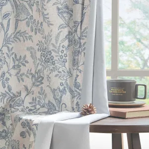 Lazzzy Blue Floral Lined Curtains Farmhouse Linen 84 Inches Length Back Tab Drapes for Living Room Bedroom Flower Patterned Country Vintage 2 Panels Set Rod Pocket Green on Beige